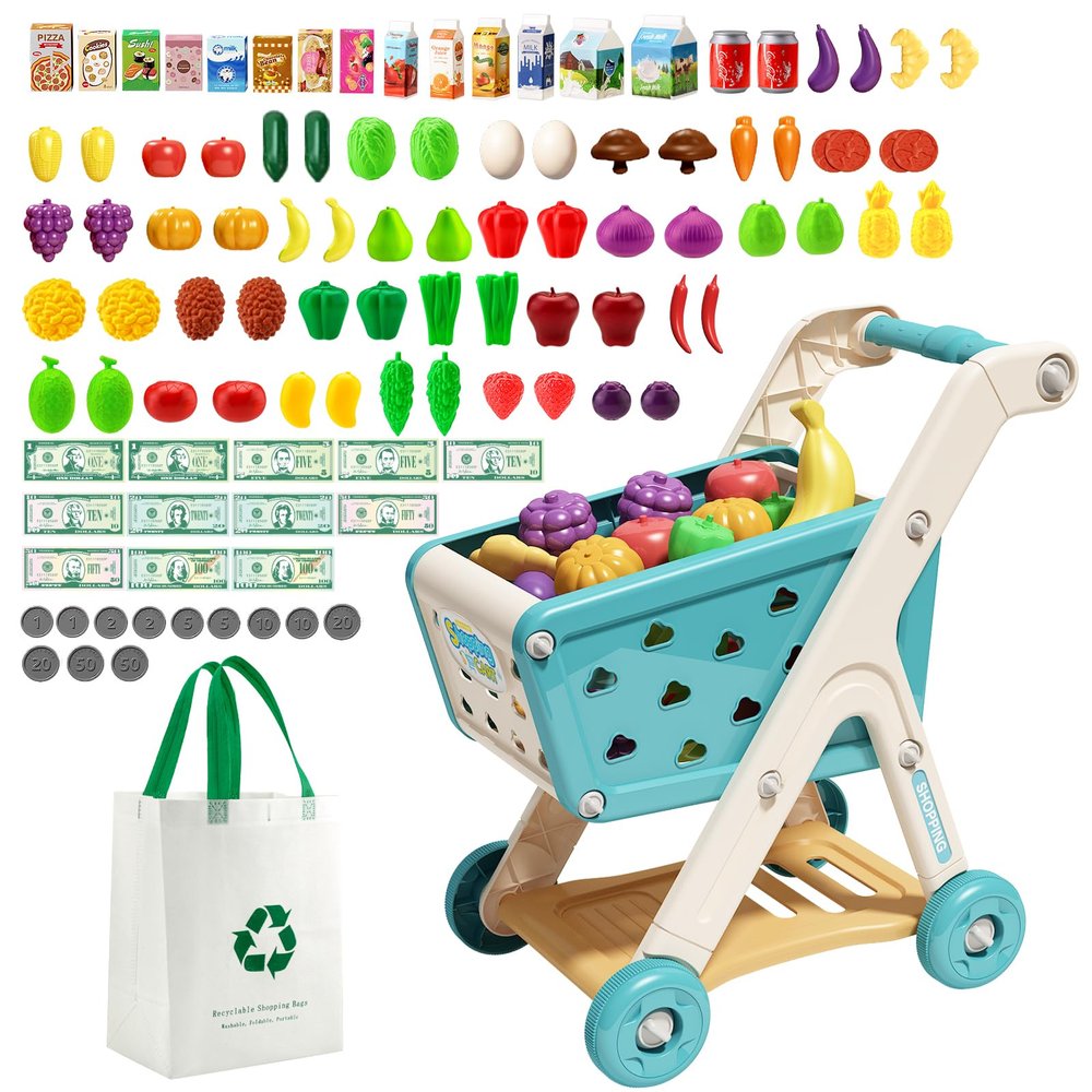 Jovow 102pcs Kids Shopping Cart Trolley Play Set with Pretend Food and Accessories,Perfect for Ages 3+ Pretend Play and Role-Playing Games