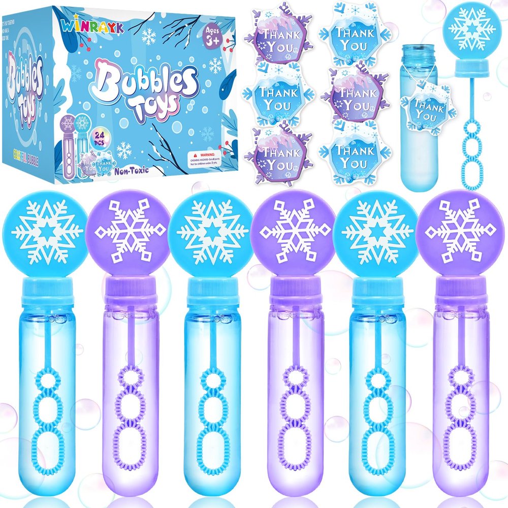 Winrayk 24 Large Snowflake Bubble Wands with Gift Card, Frozen Party Favors for Kids Bubbles Bulk, Winter Christmas Birthday Gift Pinata Filler Goodie Bag Stuffer Boys Girls Valentines Classroom Prize