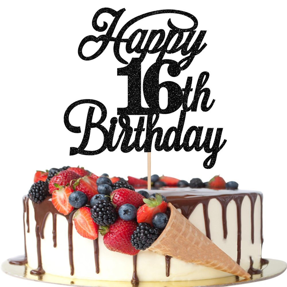 Rsstarxi 1 Pack Happy 16th Birthday Cake Topper Black Glitter 16 & Fabulous Cheers to 16 Years Old 16th Birthday Cake Pick for Celebrating 16th Birthday Anniversary Party Cake Decorations Supplies