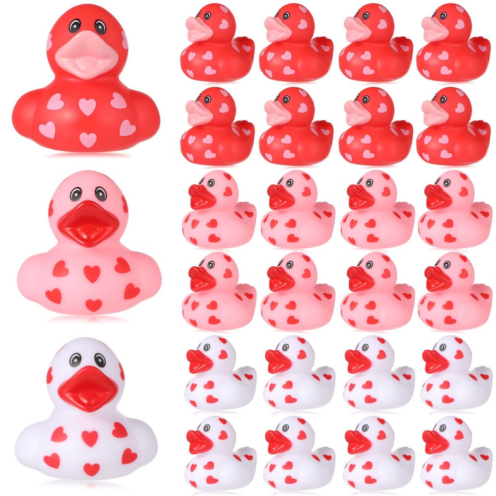 24 Pcs Valentine Rubber Ducks Bulk 2 Inch Mini Love Heart Ducks Pink Red White Squeaky Bath Toys for Valentine's Day Trinkets Classroom Party Favors Goodie Bag Fillers
