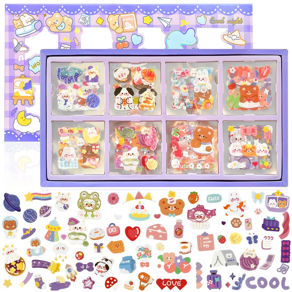 2000 Pcs Cute Stickers, Waterproof Vinyl Transparent Stickers, Kawaii Fun Stickers for Water Bottle Laptop Scrapbook Journaling, 200 Sheets Animal Stickers Boxed Gifts for Kids Teens Girls Boys