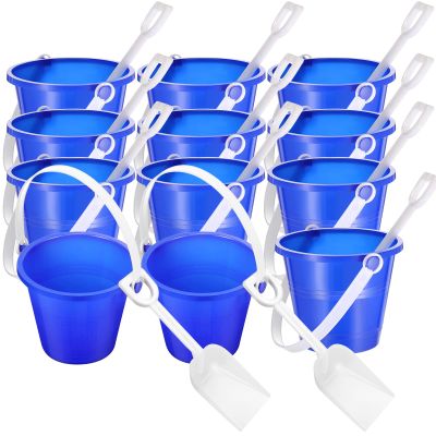 Didaey 12 Pack 4 Inch Beach Buckets and Shovels for Kids Sand Pails Plastic Sand Buckets Bulk Small Toy Pails at The Beach, Use for Toddlers Little Guys(Blue)