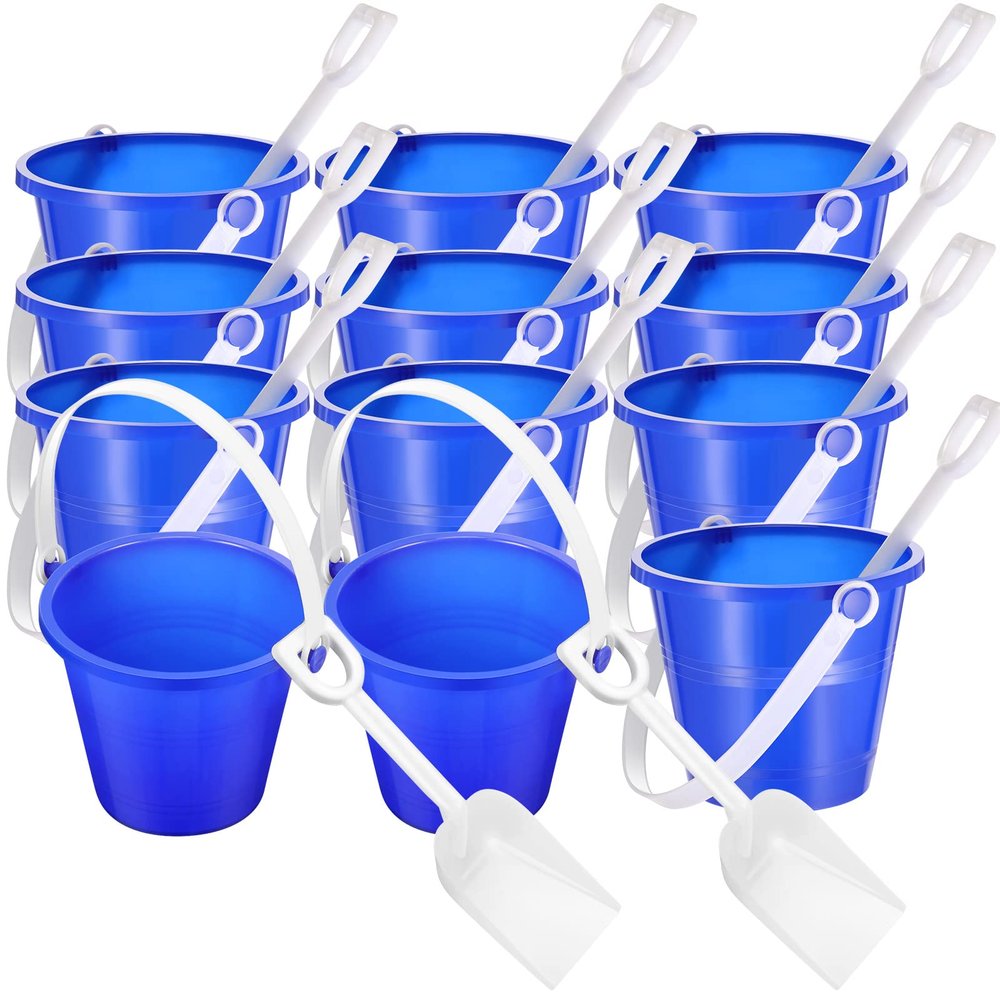 Didaey 12 Pack 4 Inch Beach Buckets and Shovels for Kids Sand Pails Plastic Sand Buckets Bulk Small Toy Pails at The Beach, Use for Toddlers Little Guys(Blue)