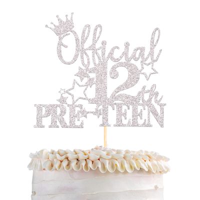 1 Pack Official Pre-teen 12 Cake Topper Glitter Happy 12th Birthday Cake Pick Cheers to 12 Years Old Cake Decorations for Teen 12th Birthday Party Supplies Silver