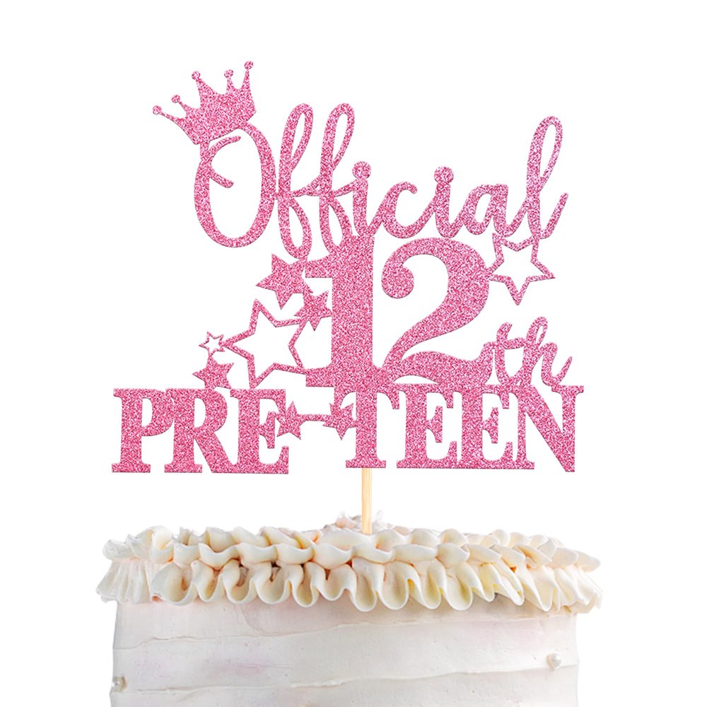 1 Pack Official Pre-teen 12 Cake Topper Glitter Happy 12th Birthday Cake Pick Cheers to 12 Years Old Cake Decorations for Teen 12th Birthday Party Supplies Pink