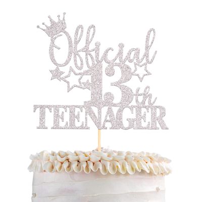 1 Pack Official Teenager 13 Cake Topper Glitter Number 13 Thirteen Birthday Cake Pick Decorations for Teen 13th Birthday Party Cake Decorations Supplies Silver