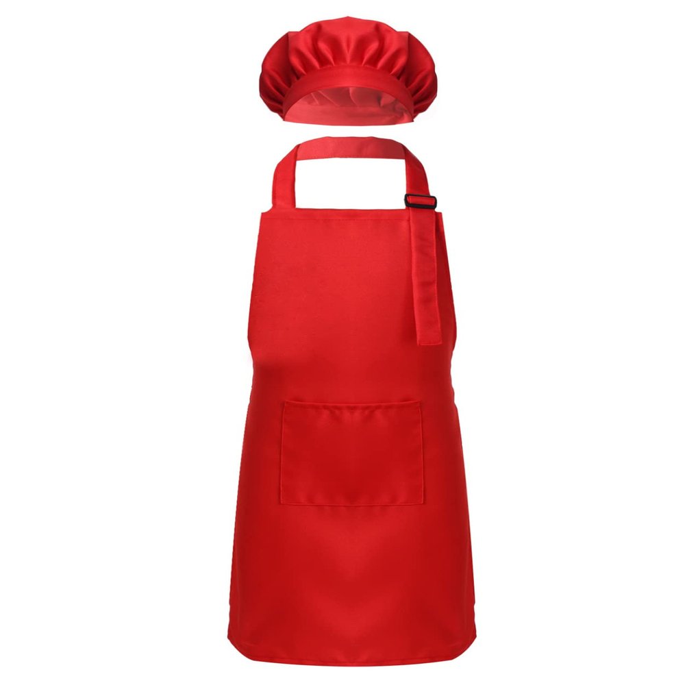 Duoremi Kids Children Kitchen Chef Costume 2Pcs Sets Chef Apron with Hat Baking Painting Cosplay Outfit Red Medium