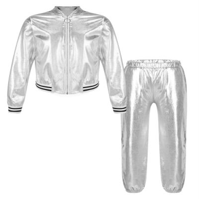 Huimingda Girls Metallic Jazz Hip Hop Street Dance Costume Pullover Jacket Coat Top with Pants Stage Performance Silver 6 Years