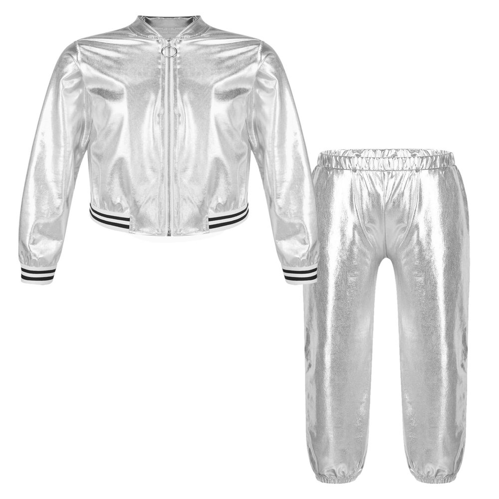 Huimingda Girls Metallic Jazz Hip Hop Street Dance Costume Pullover Jacket Coat Top with Pants Stage Performance Silver 6 Years