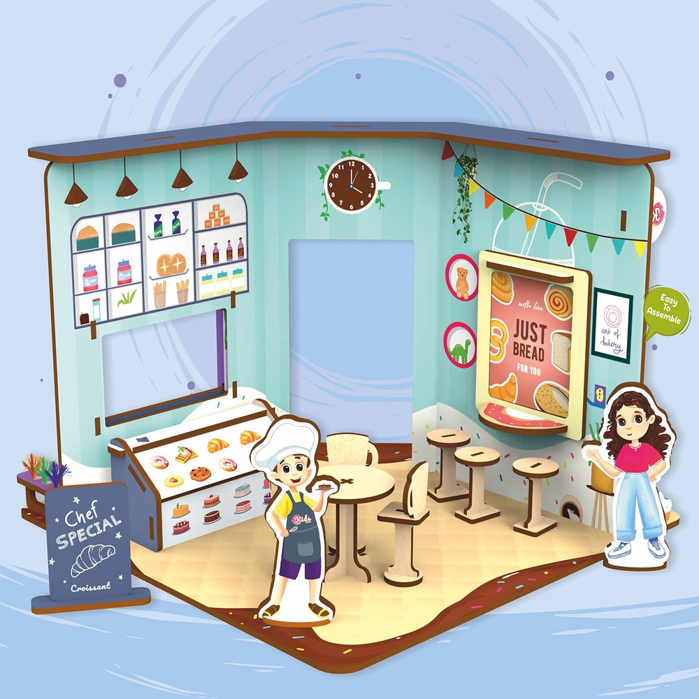 Webby DIY Wooden Kids Cafe Playhouse | Doll House Set with Service Counter, Dining Space, Takeout Window and Display Board for Boys and Girls