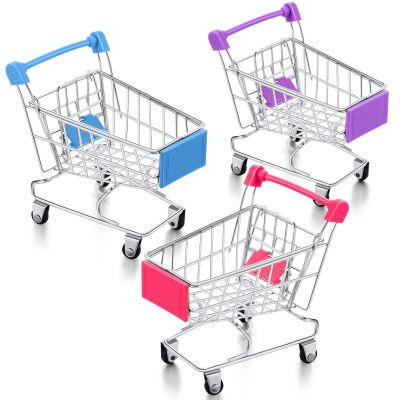 Hotop 3 Pieces Mini Shopping Cart Small Supermarket Cart Metal Shopping Grocery Handcart Mode Utility Trolley Toys for Kids Desk Storage Decor(Rose Red, Purple, Light Blue)