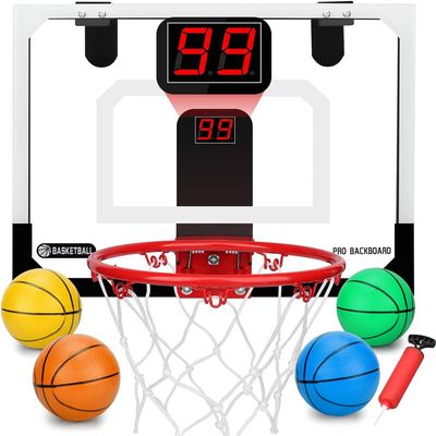 Pro Indoor Mini Basketball Hoop Set for Kids Adults, Wall Mount Automatic Scoring Basketball Hoop with 4 Rubber 6" Balls, Over The Door Basketball Hoops with Electronic Scoreboard Large Dunk Rim