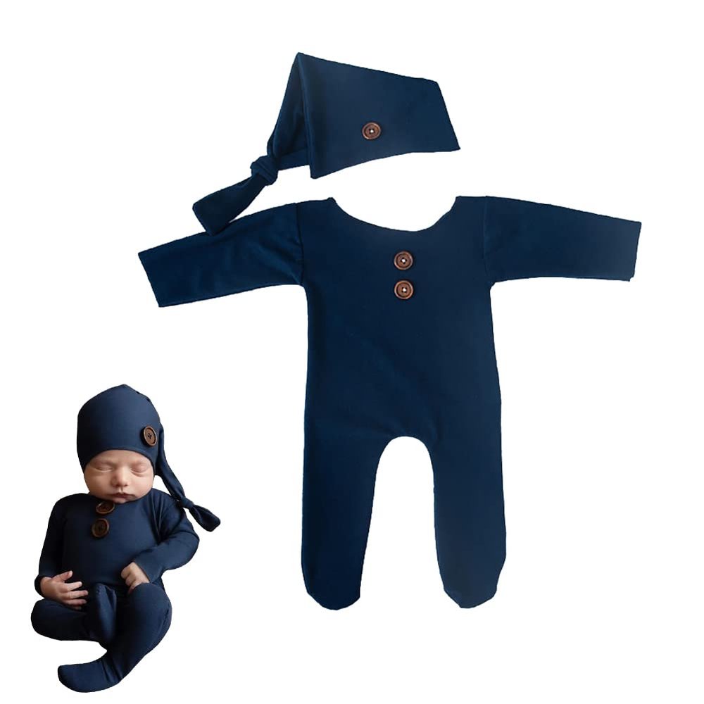 2PCS Photography Props Boys Girls Outfits Jump Suit Long Tail Hat Romper Bodysuit for Newborn Baby Photoshoot Costume Set