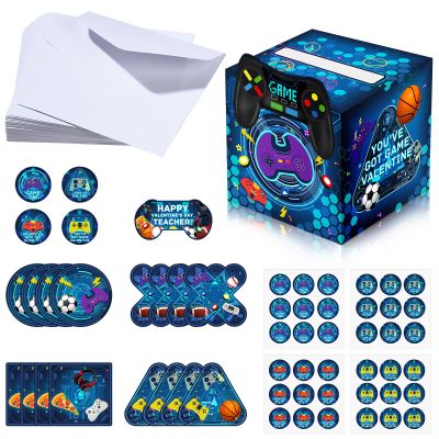 Funrous Valentines Day Video Game Mailbox for Kids, 33 Pack Valentines Cards School Classroom Exchange, 1 Box, 32 Game Student Cards, 1 Teacher Card, Valentine Gifts Party Favor Boy Girls DIY Decor