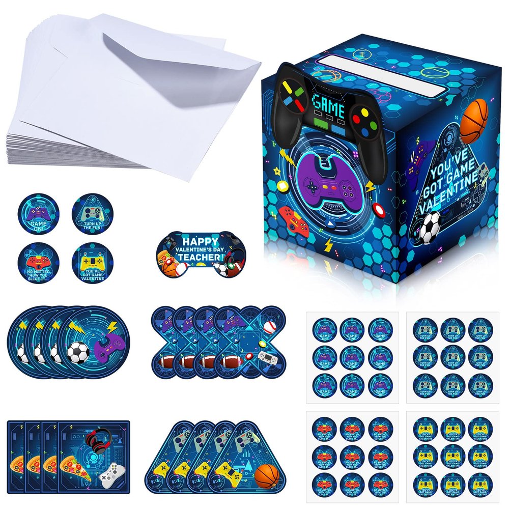 Funrous Valentines Day Video Game Mailbox for Kids, 33 Pack Valentines Cards School Classroom Exchange, 1 Box, 32 Game Student Cards, 1 Teacher Card, Valentine Gifts Party Favor Boy Girls DIY Decor