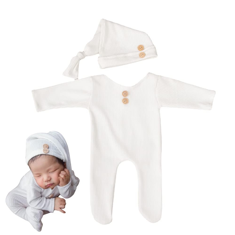 2PCS Photography Props Boys Girls Outfits Jump Suit Hat Romper Bodysuit for Newborn Baby Photoshoot Costume Set