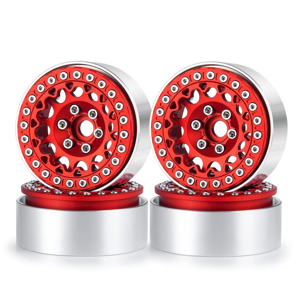 QUPA AM STORE 4PCS 1.9" Beadlock Wheel Rims Hubs for 1:10 Axial SCX10 90046 TRX4 RC Crawler Car (Red)