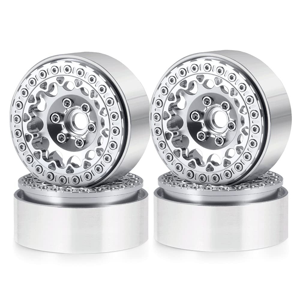QUPA AM STORE 4PCS 1.9" Beadlock Wheel Rims Hubs for 1:10 Axial SCX10 90046 TRX4 RC Crawler Car (Silver)