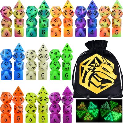 Amiven Glow in The Dark DND Dice Set 11 x 7 Polyhedral Dice (77pcs) for Dungeons and Dragons Tabletop Role-Playing Games, with a Drawstring Bag