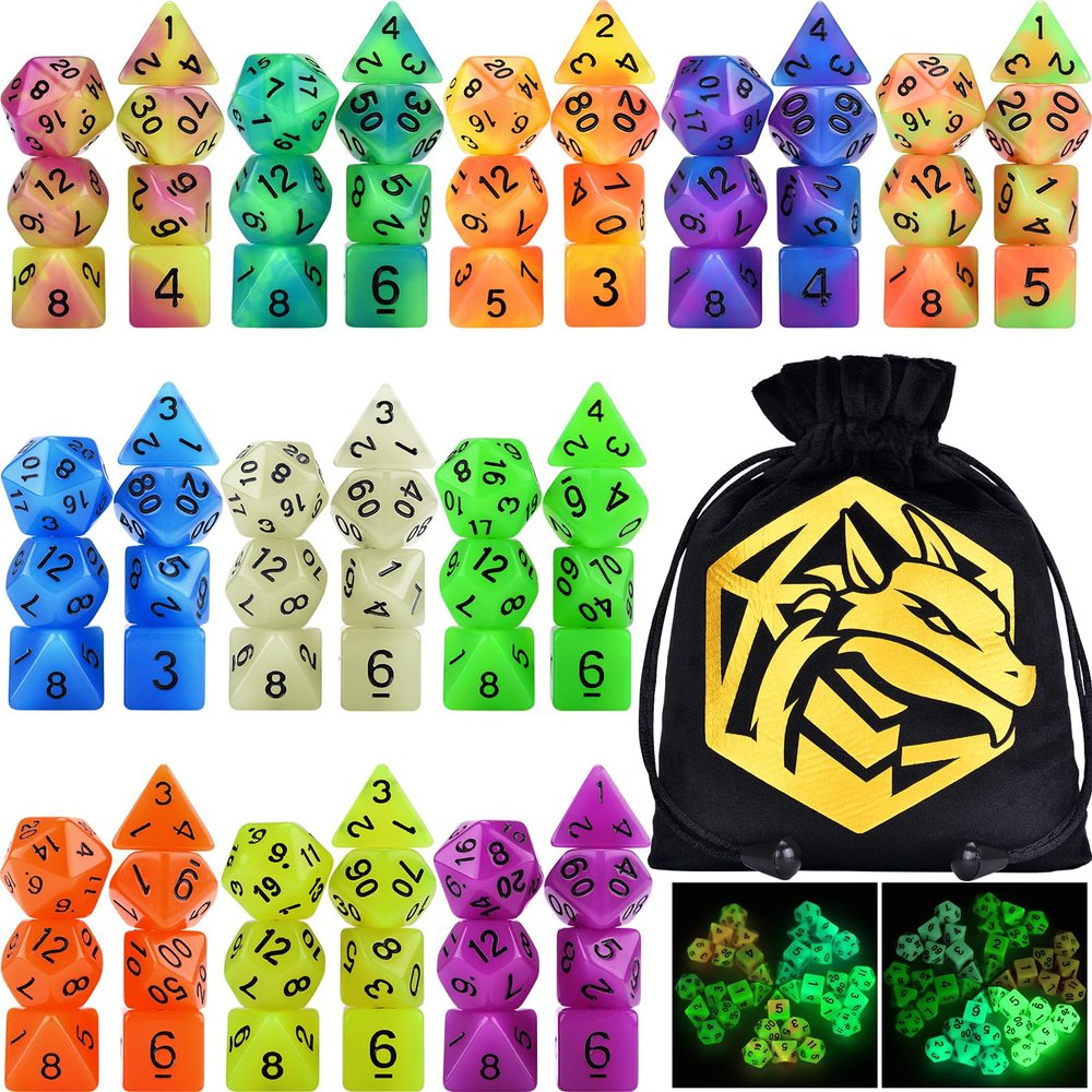 Amiven Glow in The Dark DND Dice Set 11 x 7 Polyhedral Dice (77pcs) for Dungeons and Dragons Tabletop Role-Playing Games, with a Drawstring Bag