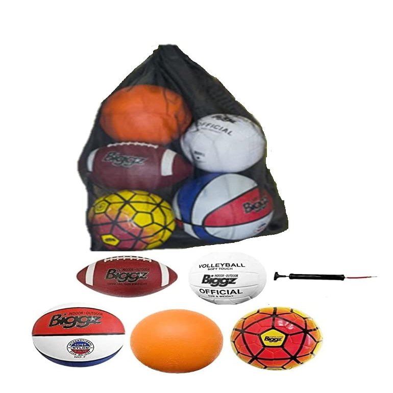 Biggz Bag of Sport Balls Basketball, Soccer Ball, Football, Volleyball, Orange Playground Ball, and Pump
