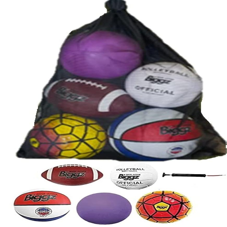 Biggz Bag of Sport Balls Basketball, Soccer Ball, Football, Volleyball, Purple Playground Ball, and Pump