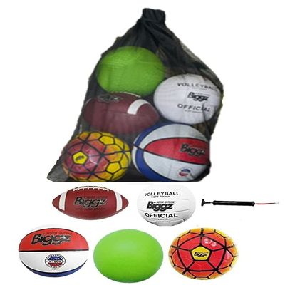 Biggz Bag of Sport Balls Basketball, Soccer Ball, Football, Volleyball, Green Playground Ball, and Pump