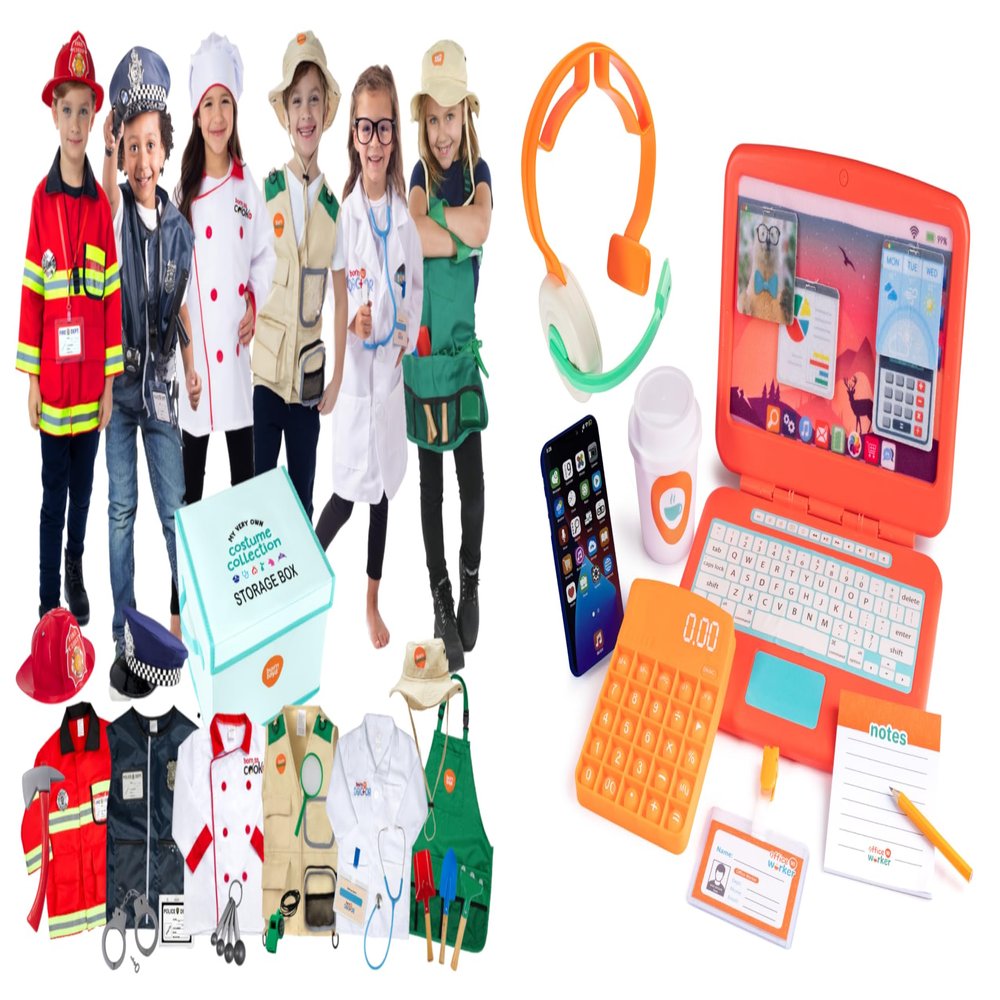 Born Toys Kids Dress Up Costume Set: Firefighter, Police, Doctor, Chef, Explorer, Gardener, Office Worker