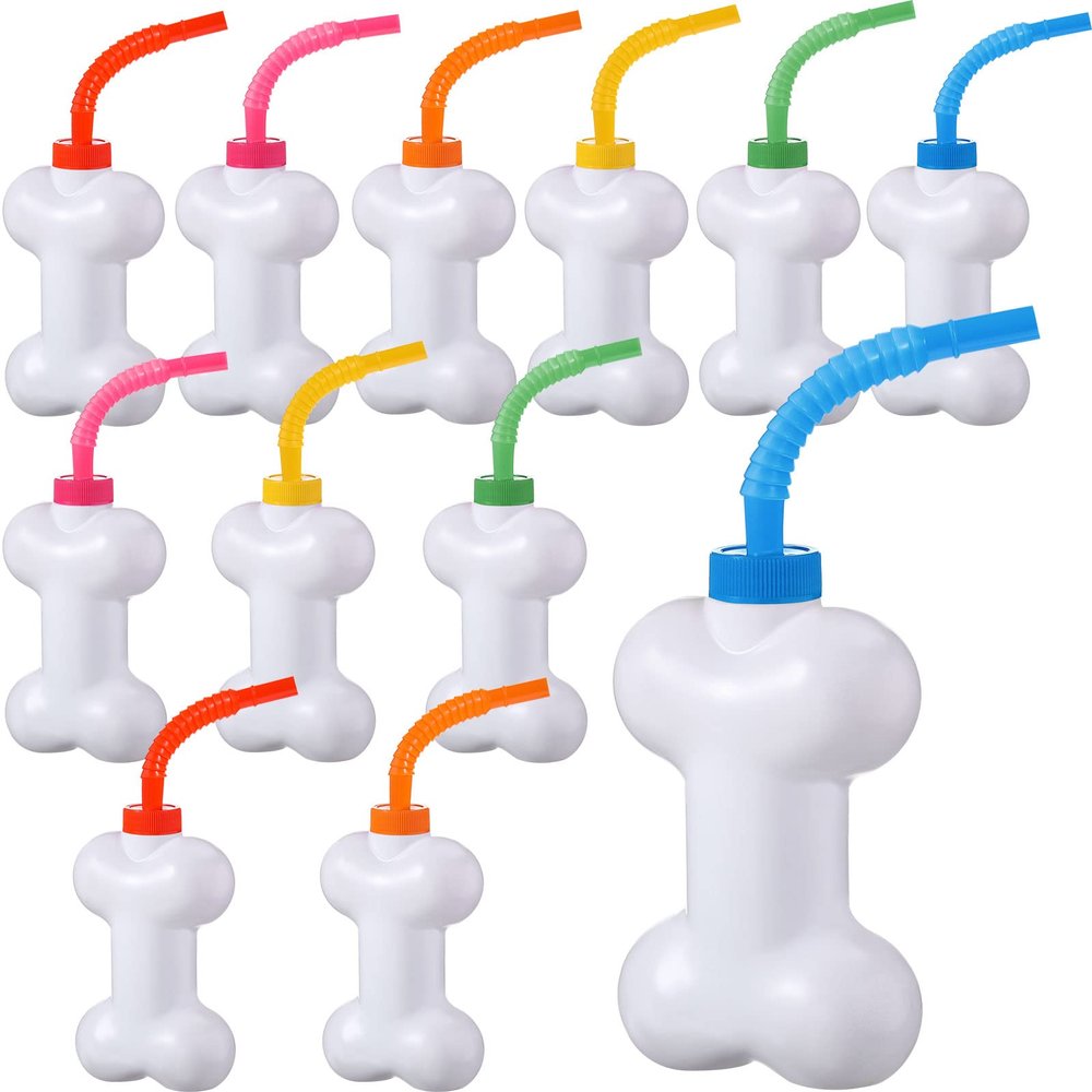 Eaasty 12 Pcs Dog Bone Cups with Straws and Lids 10oz Plastic Reusable Dog Bone Shaped Puppy Cups Set for Kids Birthday Party Gifts