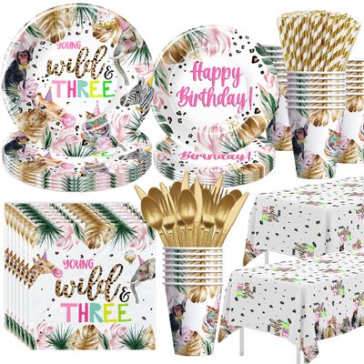 APOWBLS Young Wild And Three Decorations Girl Dinnerware, Safari 3rd Birthday Party Supplies, Plate, Cup, Napkin, Tablecloth, Cutlery, Straw, Animal Jungle 3 Year Old Birthday Decorations | Serves 24