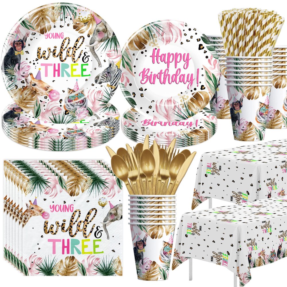 APOWBLS Young Wild And Three Decorations Girl Dinnerware, Safari 3rd Birthday Party Supplies, Plate, Cup, Napkin, Tablecloth, Cutlery, Straw, Animal Jungle 3 Year Old Birthday Decorations | Serves 24