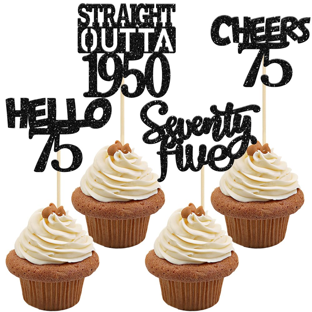 Gyufise 24 Pack Black Glitter 75 Cupcake Toppers Straight Outta 1950 Seventy Five Hello 75 Cheers to 75 Years Birthday Cupcake Picks for 75th Birthday Anniversary Cake Decorations Supplies