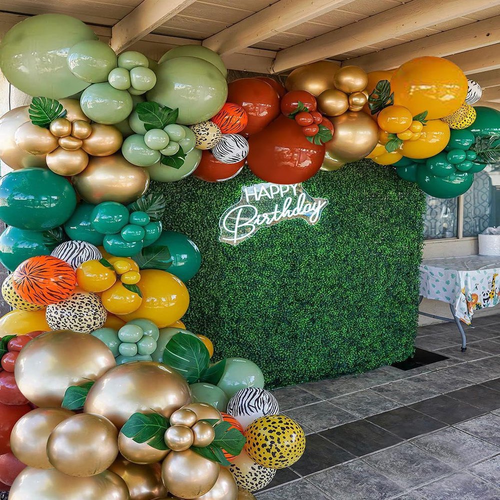 138pcs Safari Jungle Balloon Garland Arch Kit with Sage Green Brown Balloons Animal Print for Kids Boys Jungle Safari Baby Shower Wild One Birthday Party Decorations (Green)