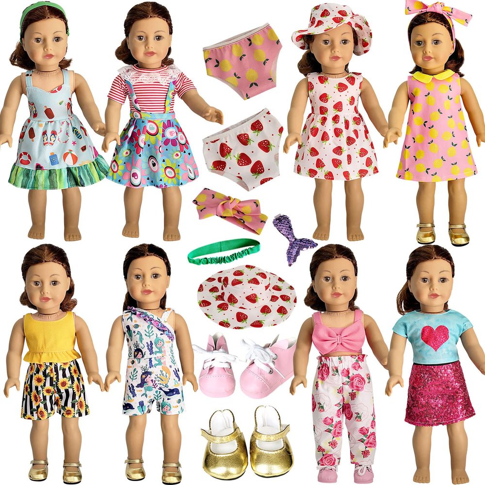 HOAKWA American Doll Clothes and Accessories for 18 Inch Doll, 18" Clothes Dress, Total 19 Pcs Including 8 Sets of Clothing Outfits with Shoes, Underwear, Headband, and Cap (Not Include The Doll)