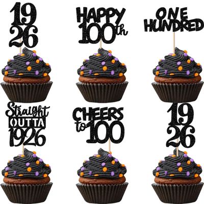 30PCS Black 100th Birthday Cupcake Toppers Glitter One Hundred Years 100 Fabulous Happy 100 Straight Outta 1926 Cupcake Picks for 100th Birthday Anniversary Party Cake Decorations Supplies