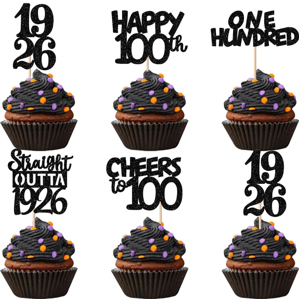 30PCS Black 100th Birthday Cupcake Toppers Glitter One Hundred Years 100 Fabulous Happy 100 Straight Outta 1926 Cupcake Picks for 100th Birthday Anniversary Party Cake Decorations Supplies