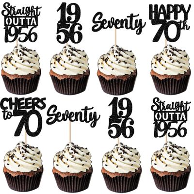 30PCS Black 70th Birthday Cupcake Toppers Glitter Seventy Happy 70th Straight Outta 1956 Cupcake Picks for Cheers to 70 Years Birthday Anniversary Retirement Party Cake Decorations Supplies