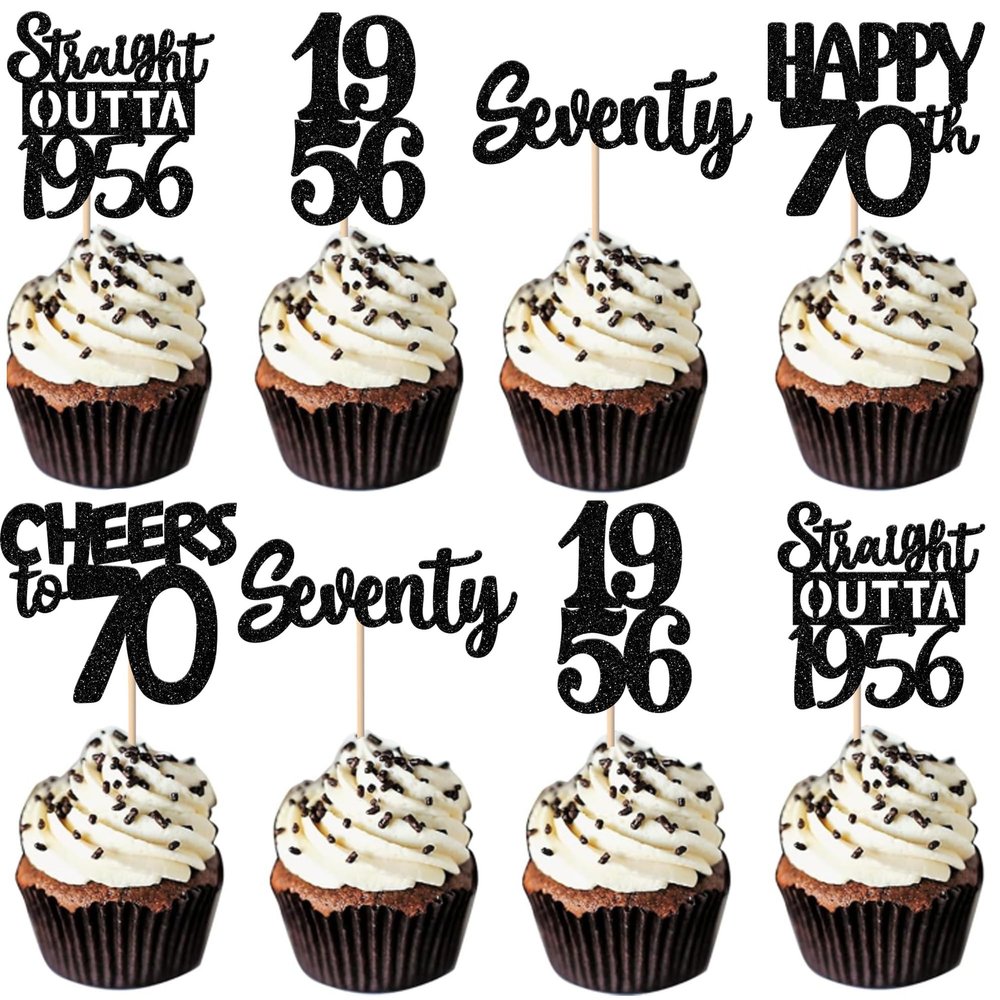 30PCS Black 70th Birthday Cupcake Toppers Glitter Seventy Happy 70th Straight Outta 1956 Cupcake Picks for Cheers to 70 Years Birthday Anniversary Retirement Party Cake Decorations Supplies