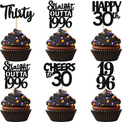 30PCS Black 30th Birthday Cupcake Toppers Glitter Thirty Happy 30th Straight Outta 1996 Cupcake Picks for Cheers to 30 Years 30th Birthday Wedding Anniversary Party Decoration Supplies