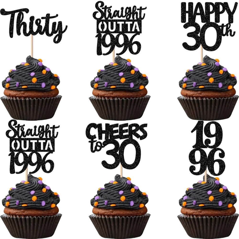 30PCS Black 30th Birthday Cupcake Toppers Glitter Thirty Happy 30th Straight Outta 1996 Cupcake Picks for Cheers to 30 Years 30th Birthday Wedding Anniversary Party Decoration Supplies