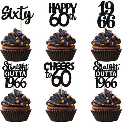 30PCS Black 60th Birthday Cupcake Toppers Glitter Sixty Happy 60 Straight Outta 1966 Cupcake Picks for Cheers to 60 Years 60th Birthday Wedding Anniversary Party Decoration Supplies