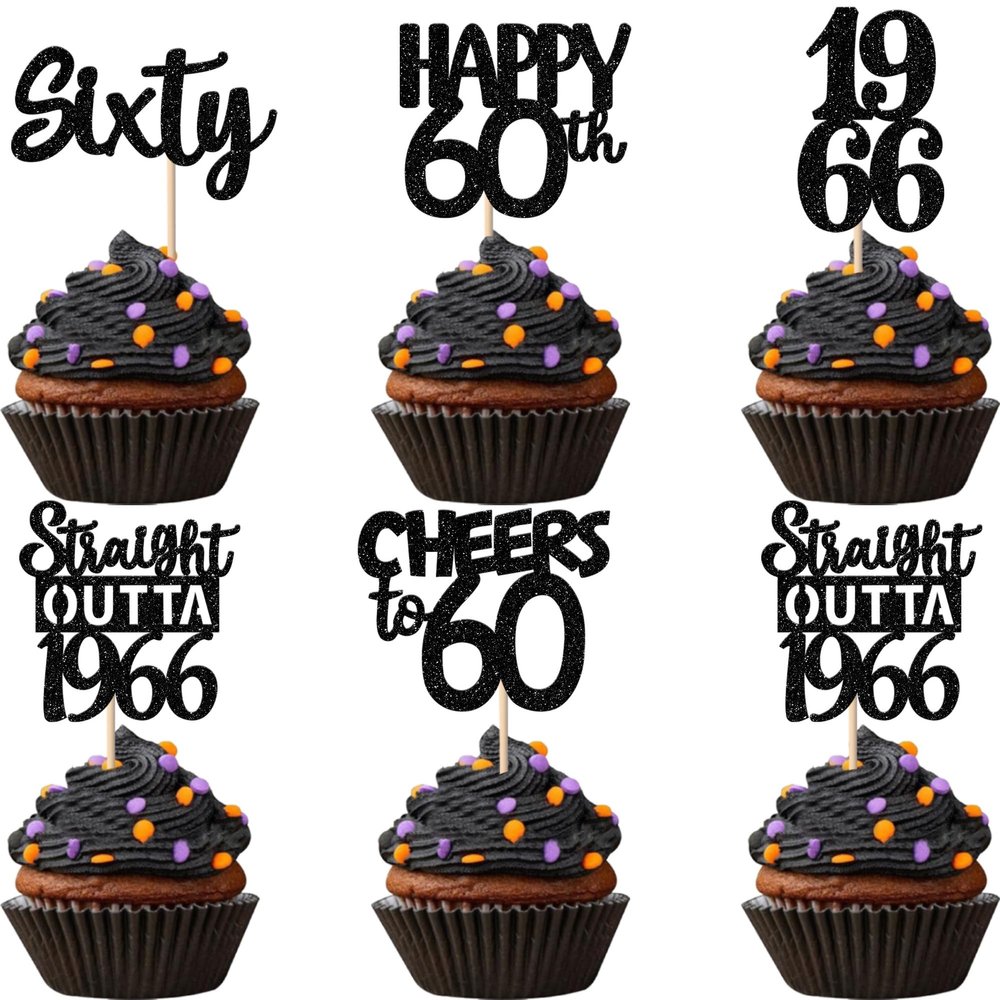 30PCS Black 60th Birthday Cupcake Toppers Glitter Sixty Happy 60 Straight Outta 1966 Cupcake Picks for Cheers to 60 Years 60th Birthday Wedding Anniversary Party Decoration Supplies
