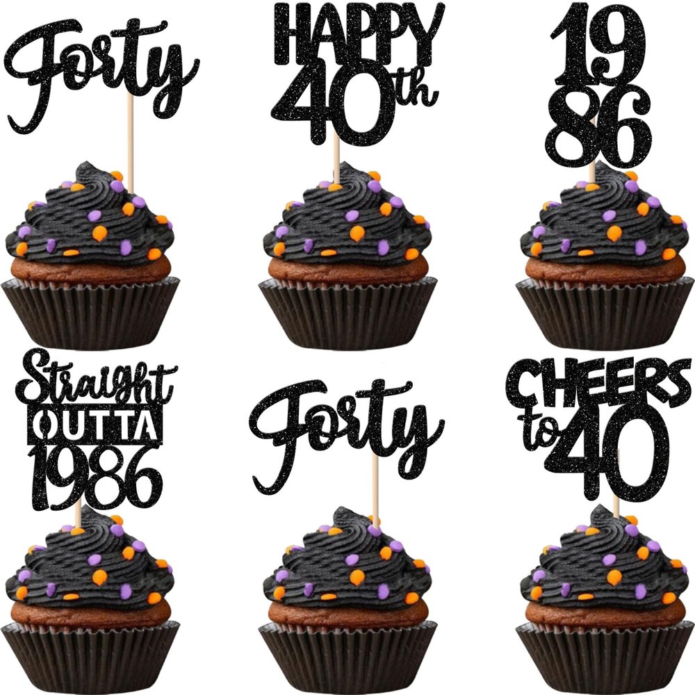 30PCS Black 40th Birthday Cupcake Toppers Glitter Forty Happy 40th Straight Outta 1986 Cupcake Picks for Cheers to 40 Years 40th Birthday Wedding Anniversary Party Decorations Supplies