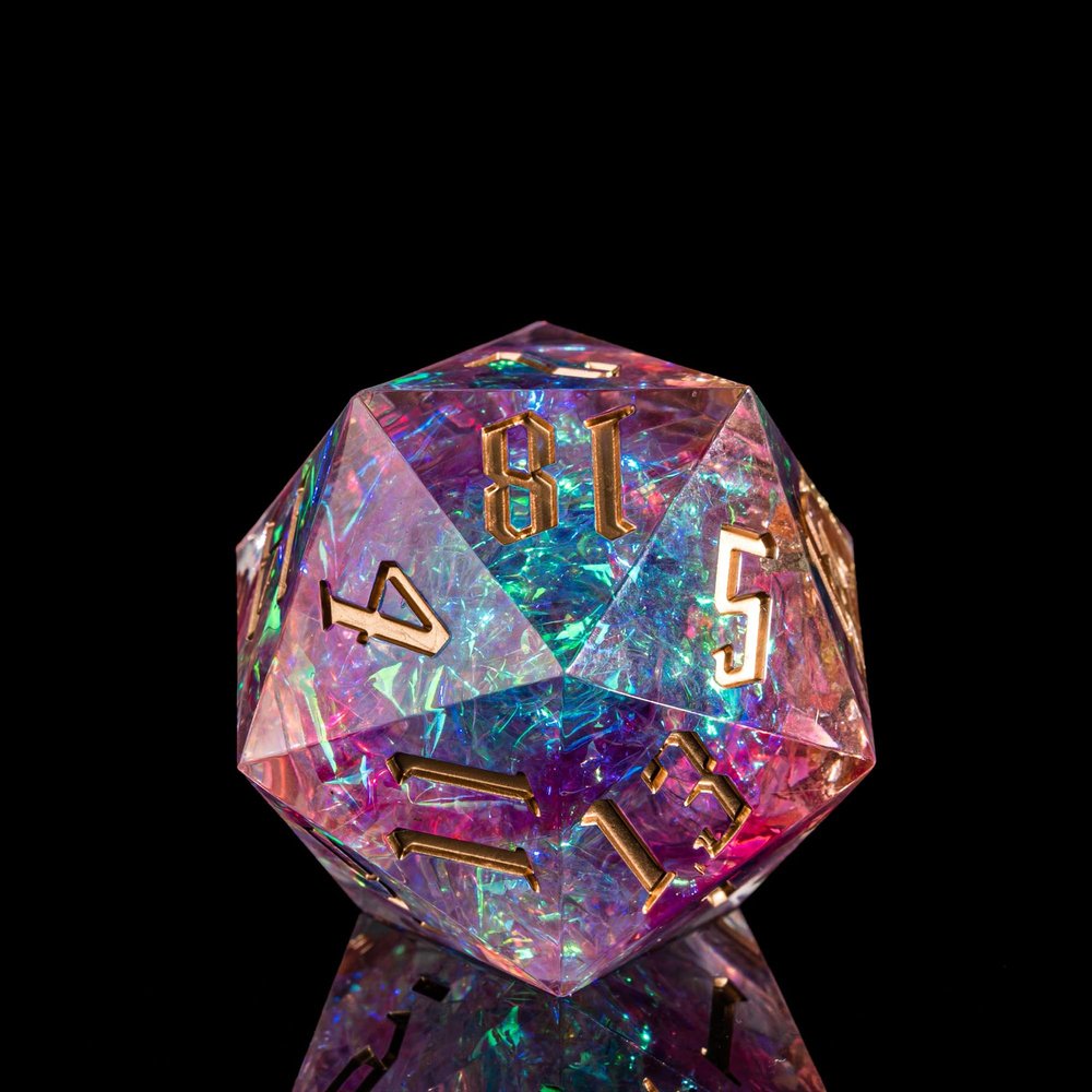 Cusdie Single D20 DND Dice with Sharp Edges and Glitter Foil Inclusions, 20 Sided D&D Dice, 33mm Handcrafted, for Role Playing Game (Pink)