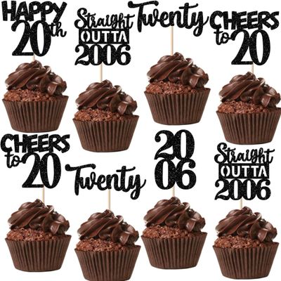 30PCS Black 20th Birthday Cupcake Toppers Glitter Twenty Happy 20th Straight Outta 2006 Cupcake Picks for Cheers to 20 Years Birthday Wedding Anniversary Party Cake Decorations Supplies