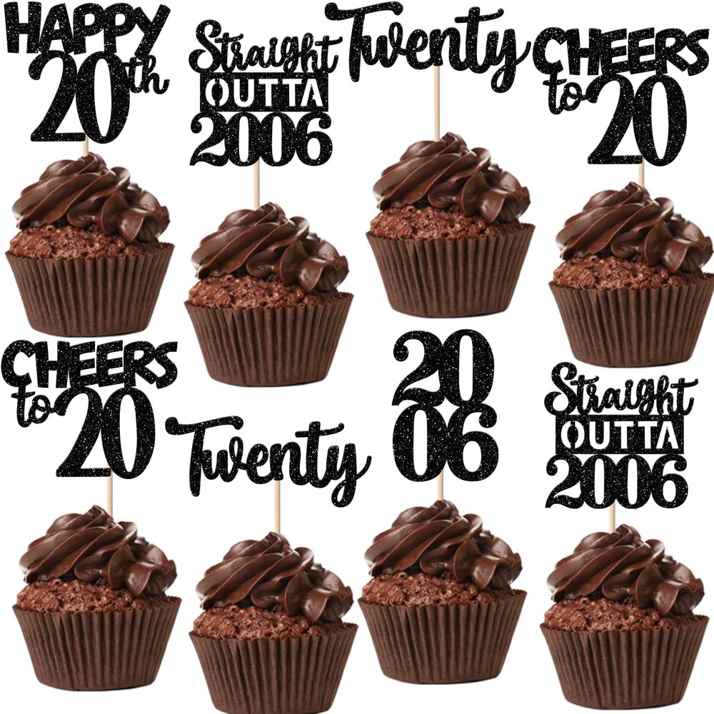 30PCS Black 20th Birthday Cupcake Toppers Glitter Twenty Happy 20th Straight Outta 2006 Cupcake Picks for Cheers to 20 Years Birthday Wedding Anniversary Party Cake Decorations Supplies