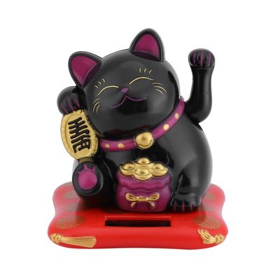 Odorkle Solar Luck Cat Statue ABS Engineering Plastic Shell Good Luck Wealth Welcoming Cat Ornaments Solar Powered Cat Dashboard Decorations (Black)