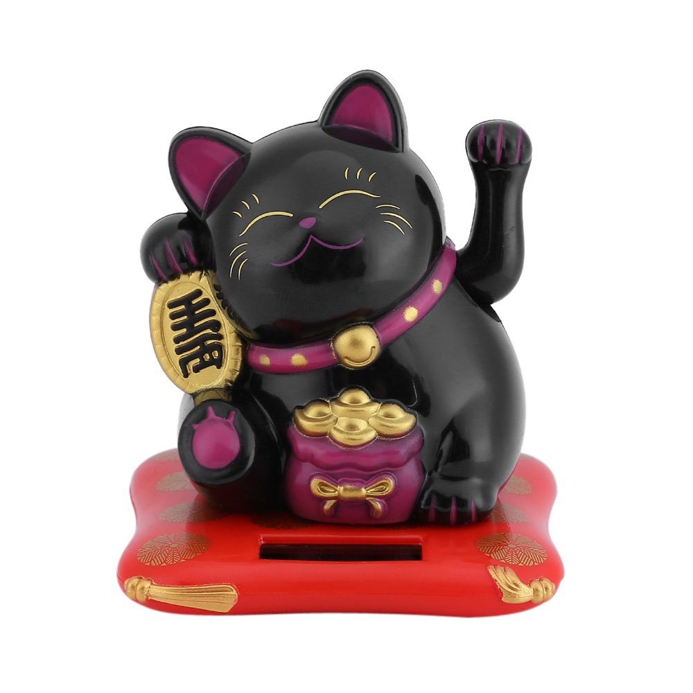 Odorkle Solar Luck Cat Statue ABS Engineering Plastic Shell Good Luck Wealth Welcoming Cat Ornaments Solar Powered Cat Dashboard Decorations (Black)
