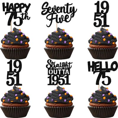 30PCS Black 75th Birthday Cupcake Toppers Glitter Seventy Five Happy 75th Straight Outta 1951 Cupcake Picks for Cheers to 75 Years Birthday Anniversary Party Cake Decorations Supplies
