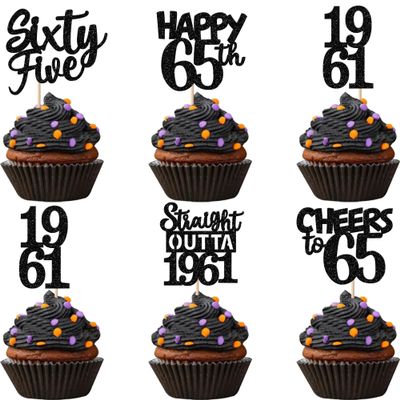 30PCS Black 65th Birthday Cupcake Toppers Glitter Sixty Five Happy 65th Straight Outta 1961 Cupcake Picks for Cheers to 65 Years Birthday Anniversary Party Cake Decorations Supplies
